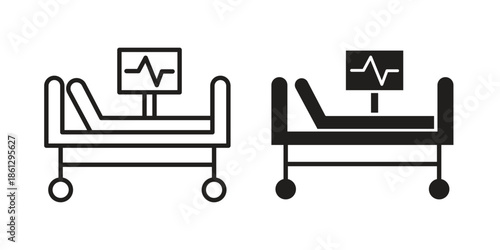 Hospital bed icons in black glyph and liner versions for design.