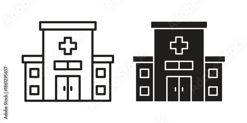 Hospital icons in black glyph and liner versions for design.