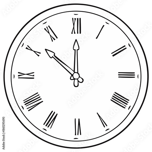 Drawing of Clock Face with Roman Numerals Pointing to Eleven O'Clock Time, Minimalist Clockface Illustration