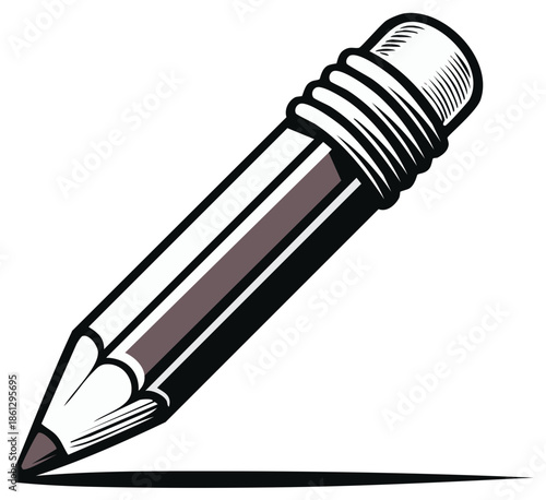 Detailed pencil with eraser drawing a solid black line, education and creativity concept