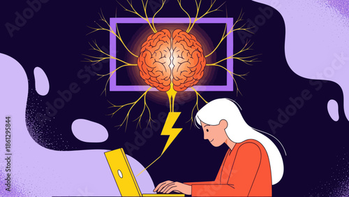 Flat vector illustration of digital creativity, showing a woman with a laptop and a glowing brain for innovative thinking and idea generation