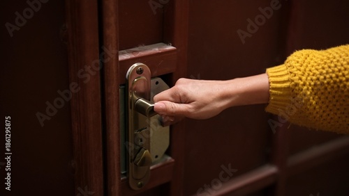 Obraz na płótnie A close up of a hand gripping a brass door handle, highlighting the action of opening a door