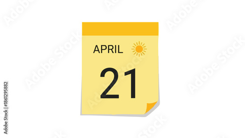 Vivid yellow calendar page displaying April twenty-first alongside a sunny weather icon simple day reminder schedule visualization element bright