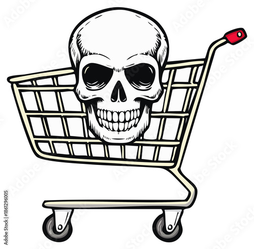 Skull inside shopping cart symbolic representation of dangerous consumption or death in consumerism