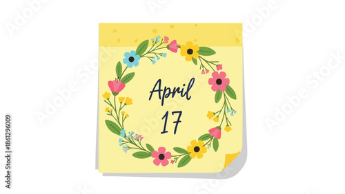 Vibrant floral wreath adorning a daily calendar page displaying April 17 a festive date reminder an elegant spring season illustration for planning