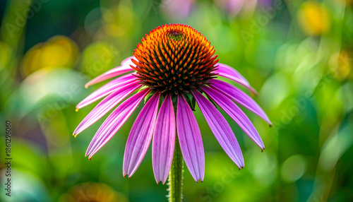 A close-up view of a purple coneflower (Echinacea purpurea) in full bloom with a green garden background. Ai