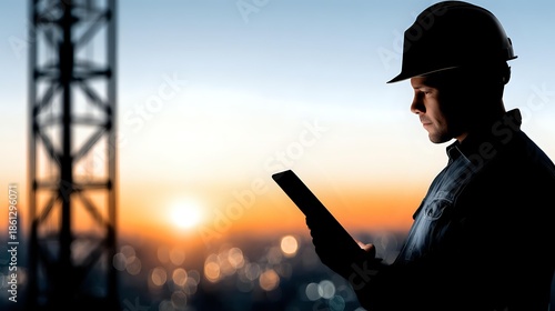 Industrial worker in hard hat using tablet at construction site during golden hour sunset with communication tower silhouette in background for project management.