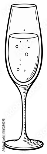 Hand drawn champagne glass with sparkling wine black and white sketch illustration