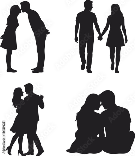 Romantic couple silhouette set with kiss, walk, dance, and seated poses symbolizing love, intimacy, and emotional connection