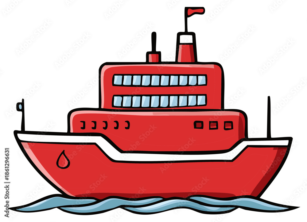 Obraz premium Cartoon red ship sailing on waves, isolated vector illustration, flat style.