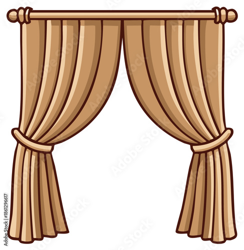 Cartoon illustration of elegant gold curtains with tied drapery and a decorative rod.