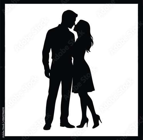 Romantic couple silhouette standing face-to-face inside square frame, symbolizing love, intimacy, emotional connection, and relationship unity