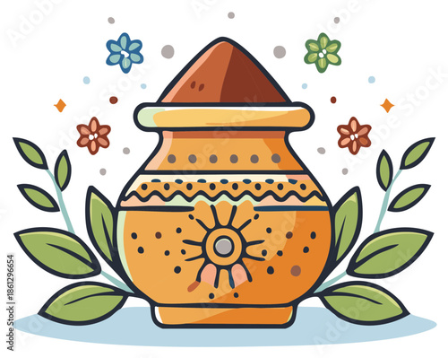 Decorative pot with flowers, leaves, and ornate patterns, illustration.