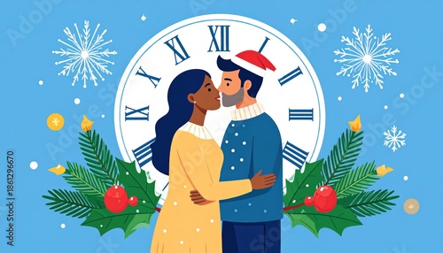 Wallpaper Mural Couple Kissing Under Clock at Midnight New Year Celebration. Torontodigital.ca