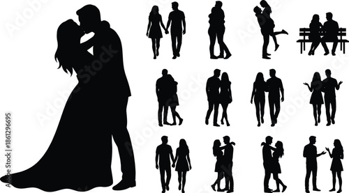 Romantic couple silhouette set with wedding embrace and affectionate poses, symbolizing love, unity, emotional connection, and relationship themes