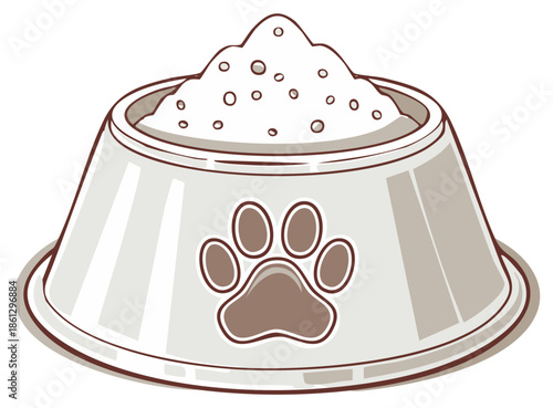 Dog food bowl filled to overflowing with kibble and decorated with a paw print symbol