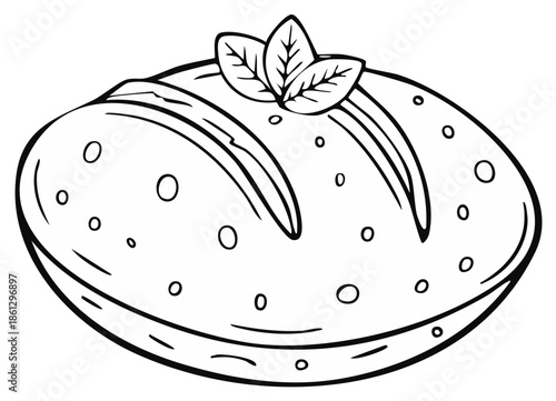 Fresh Baked Bread Loaf with Herbs: Simple Black and White Food Illustration for Kids
