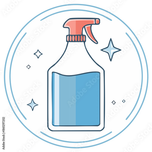 Cleaning Spray Bottle Illustration with Blue Liquid and Star Sparkles in Circle Frame