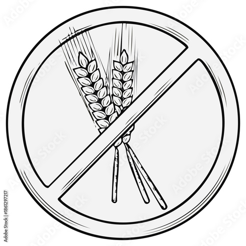 Stylized illustration of wheat stalks crossed out within a prohibition circle indicating gluten-free status