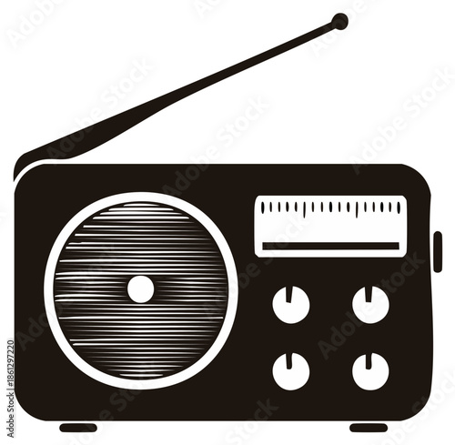 Retro style portable radio illustration featuring an antenna, speaker grille, tuning dial, and control knobs for audio communication