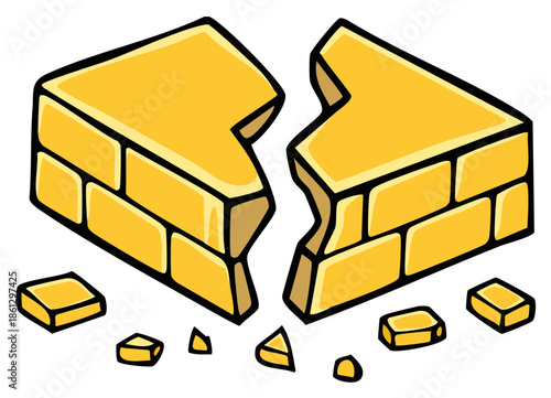 Isometric cartoon yellow brick wall cracking and breaking apart with falling pieces