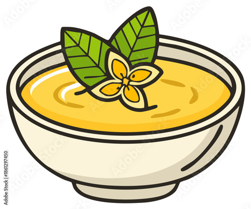 Cartoon bowl with yellow cream soup garnish of flower and leaves for food illustrations, comics and culinary projects