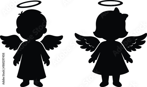 Silhouette of angelic children with halos and wings, symbolizing purity, innocence, spirituality, and divine presence in peaceful design