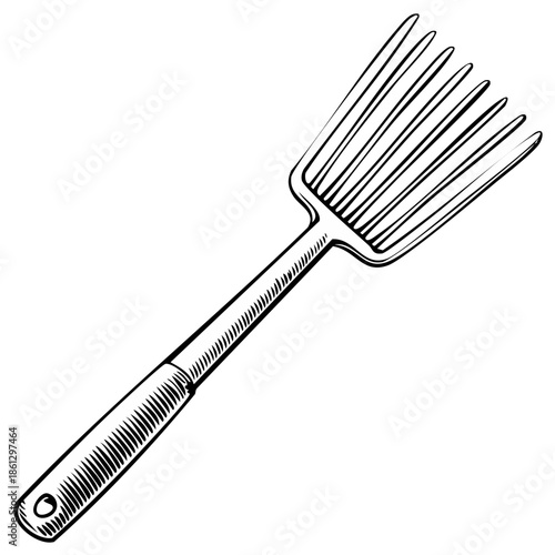 Hand Drawn Illustration of a Spatula with a Textured Handle and Metal Tines