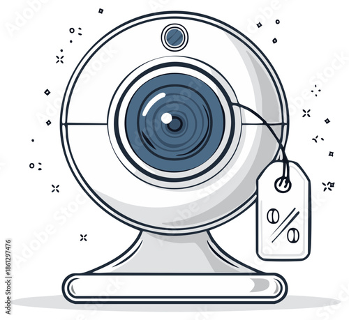 Webcam with sale tag icon isolated on white background, online shopping concept