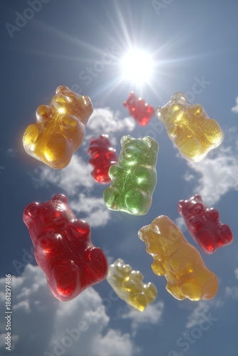Vibrant colorful gummy bears soaring through a bright sunny sky, backlit by sunshine with fluffy white clouds in a cheerful burst of candy delight