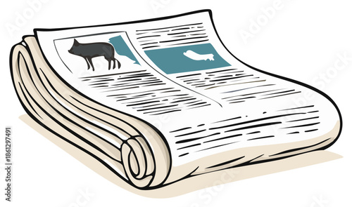 Folded newspaper illustration with boar and abstract animal images and text headlines, vintage newsprint media