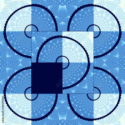 Abstract seamless fractal pattern of five blue circles on an intricate blue and white background with a dark blue square in the center. Suitable for tiles, backgrounds, tie-dyes, etc.