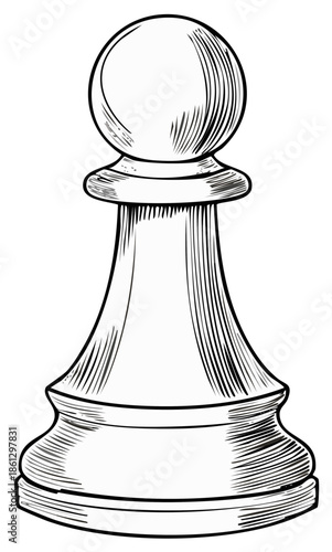 Hand drawn sketch of a single white chess pawn piece in classic engraving style