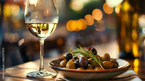 A small dish of olives served with a glass of wine