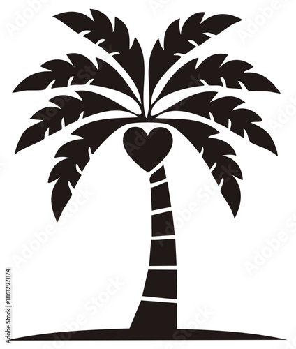 Tropical palm tree silhouette with a heart shape representing love for summer vacation and romantic travel