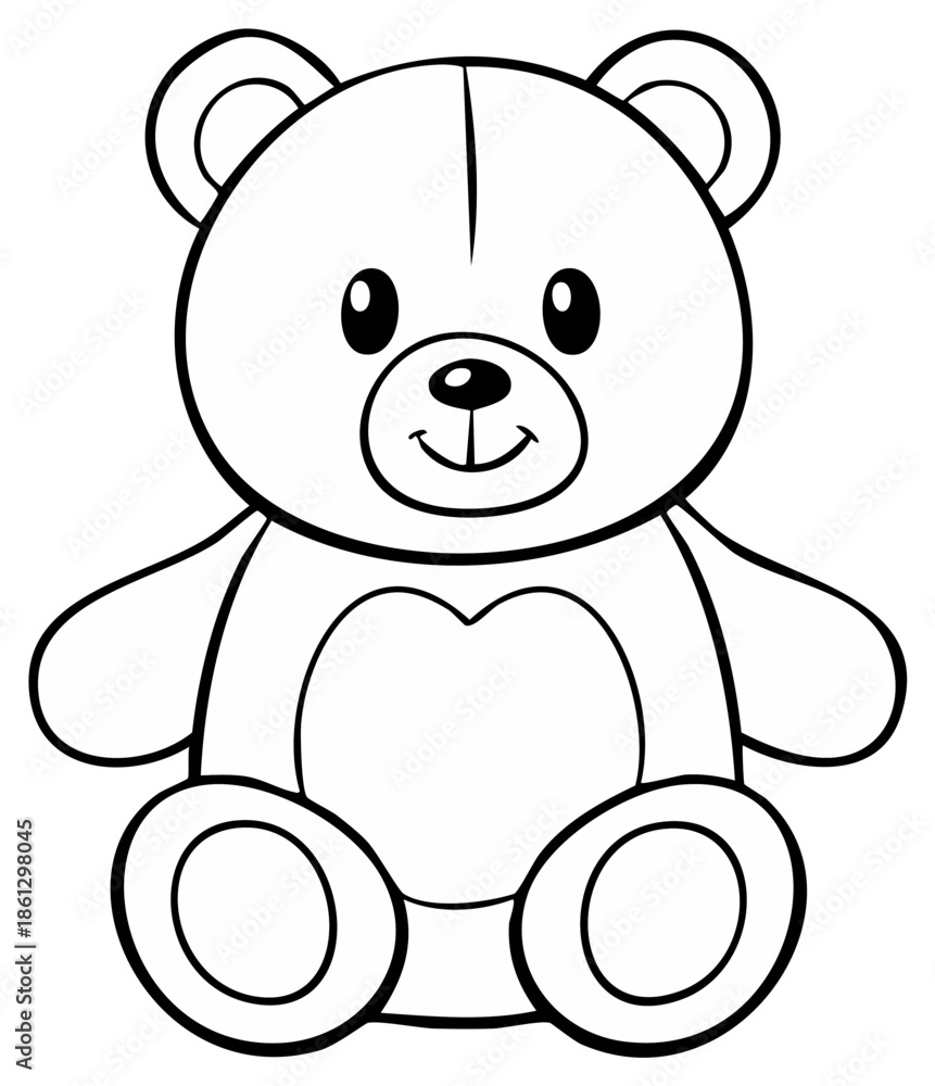 Fototapeta premium Cartoon outline of a friendly teddy bear sitting and smiling, classic toy design for children.