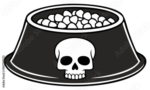 Graphic illustration of a pet bowl filled with kibble and a skull icon for potentially toxic food or ingredients