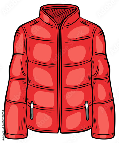 Red Puffer Jacket Warm Winter Coat Illustration with Zipper and Pockets