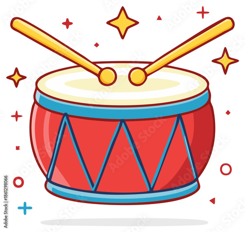 Cartoon drum and drumsticks with decorative stars and shapes in a colorful design.