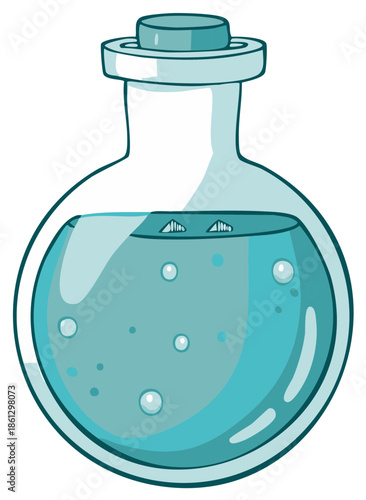 Stylized magical potion bottle with bubbling blue liquid illustration