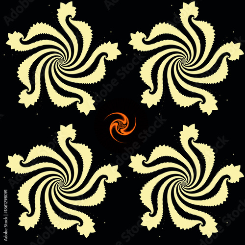 Abstract seamless fractal geometric pattern of four white rotating mandalas on a black background with a fiery triskelion in the center. Suitable for tiles, backgrounds, tie-dyes, etc.