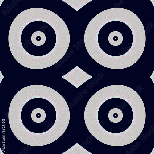 Abstract seamless fractal geometric pattern of four circles on a dark blue background with a white diamond in the center. Suitable for tiles, backgrounds, tie-dyes, etc.