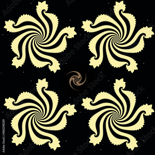 Abstract seamless fractal geometric pattern of four white rotating mandalas on a black background with a triskelion in the center. Suitable for tiles, backgrounds, tie-dyes, etc.