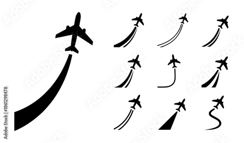 Minimal airplane takeoff route icon collection flat vector illustration on white