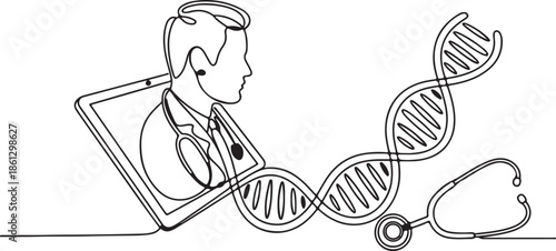 Telemedicine line art vector, continuous line drawing doctor profile on the tablet outline double-helix DNA strand wrapping around a stethoscope linear