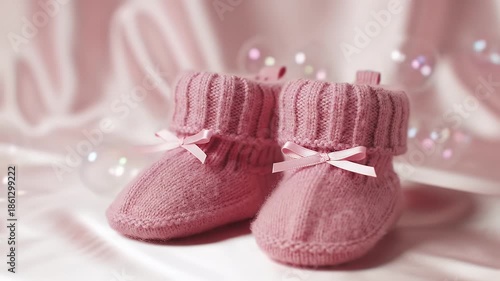 Pink Knit Baby Booties with Ribbons on Satin Fabric and Transparent Soap Bubbles Around It