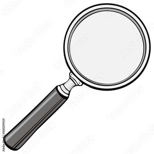 A simple illustration of a classic magnifying glass with a gray handle