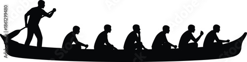 Team of Men Paddling a Long Canoe Silhouette, Rowing Boat Crew Vector Graphic, Group Effort and Teamwork in Water Sport Competition.