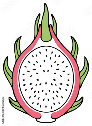Bright, Cross Section of Dragon Fruit Illustration: Fresh, Cut Exotic Fruit with Black Seeds and Pink Skin, with Outline