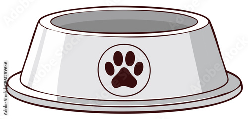 Pet Food Bowl Illustration: White Bowl with Paw Print, Dog or Cat Feeder